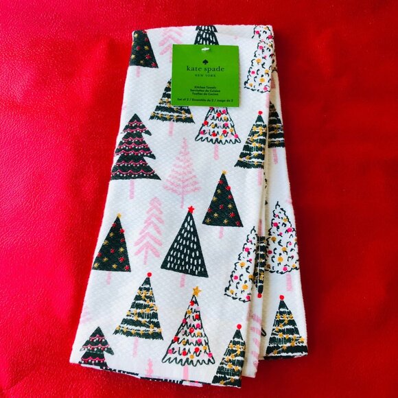 KATE SPADE Kitchen Towels 100% Cotton Christmas tree 2 Set - Picture 1 of 5